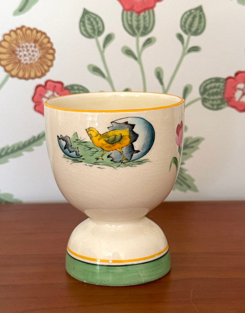 Vintage Yellow Duck Egg Cup With Rabbit & Chick Design | Charming Easter Collectable