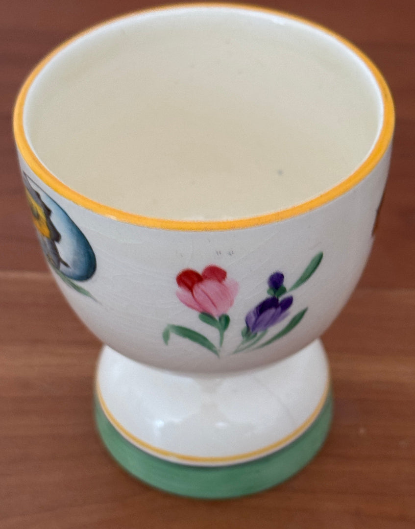 Vintage Yellow Duck Egg Cup With Rabbit & Chick Design | Charming Easter Collectable