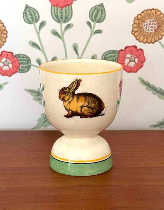 Vintage Yellow Duck Egg Cup With Rabbit & Chick Design | Charming Easter Collectable