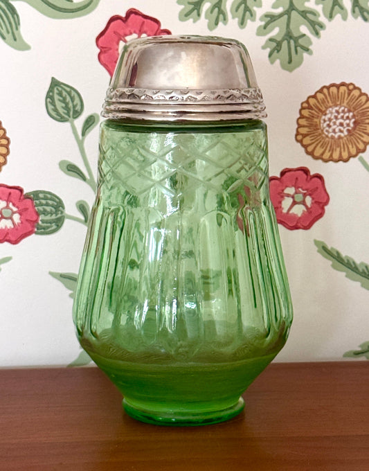 Highly Collectable Vintage Green Glass Sugar Shaker – Pretty Jeweled Design