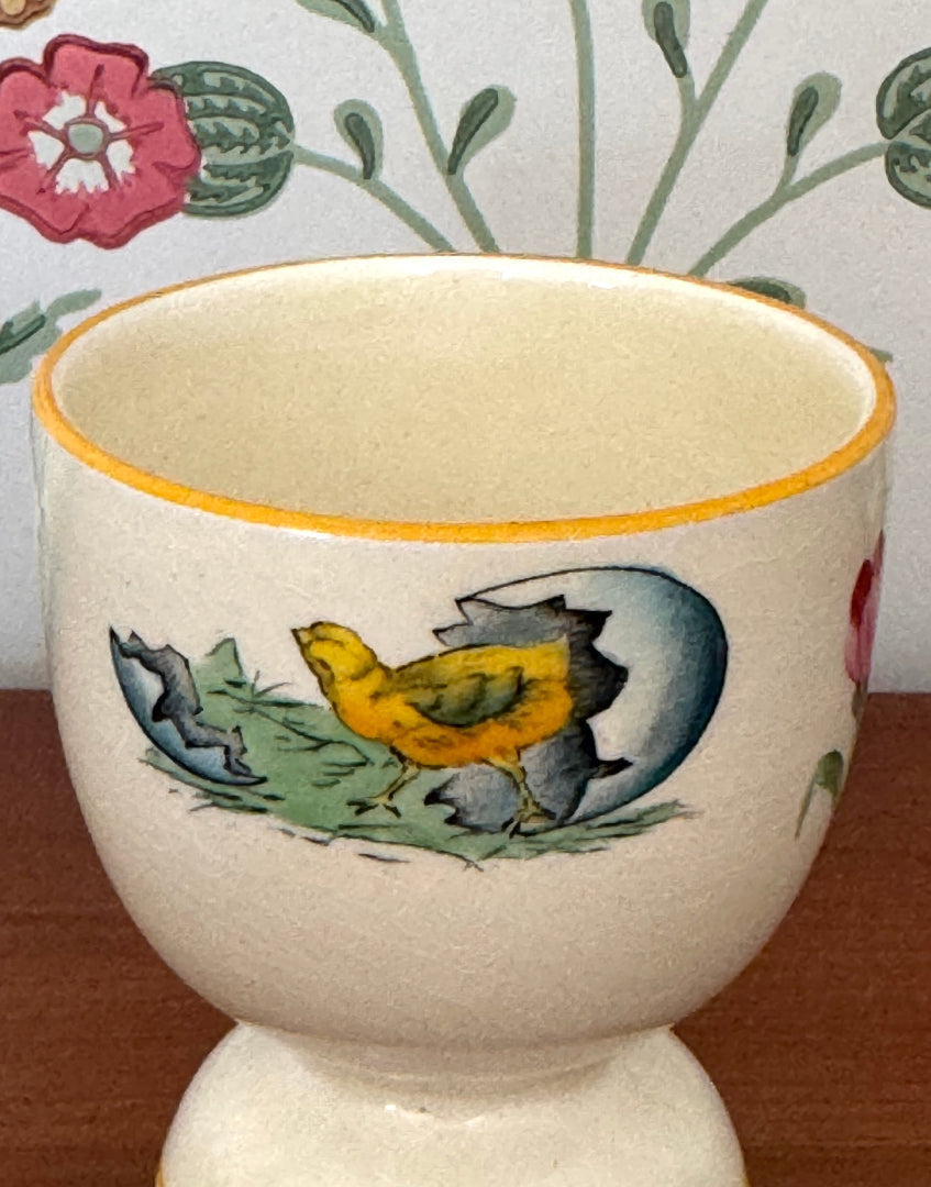 Vintage Yellow Duck Egg Cup With Rabbit & Chick Design | Charming Easter Collectable