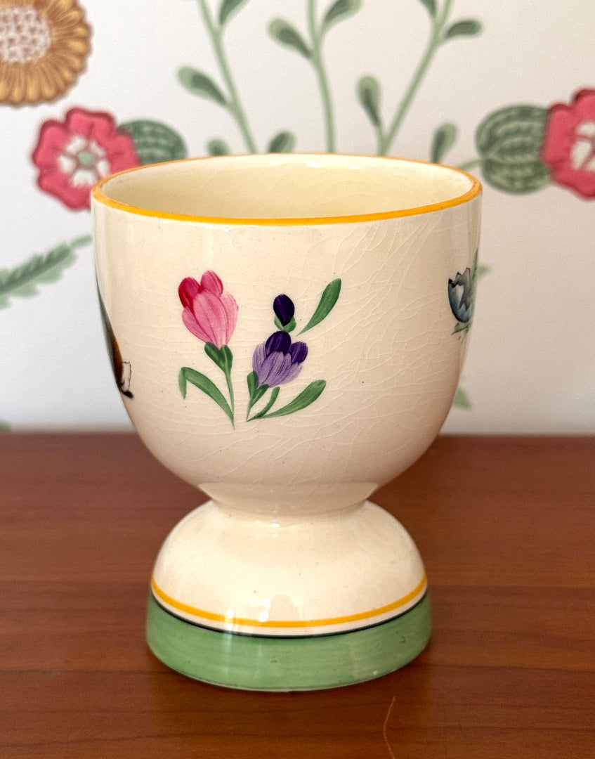 Vintage Yellow Duck Egg Cup With Rabbit & Chick Design | Charming Easter Collectable