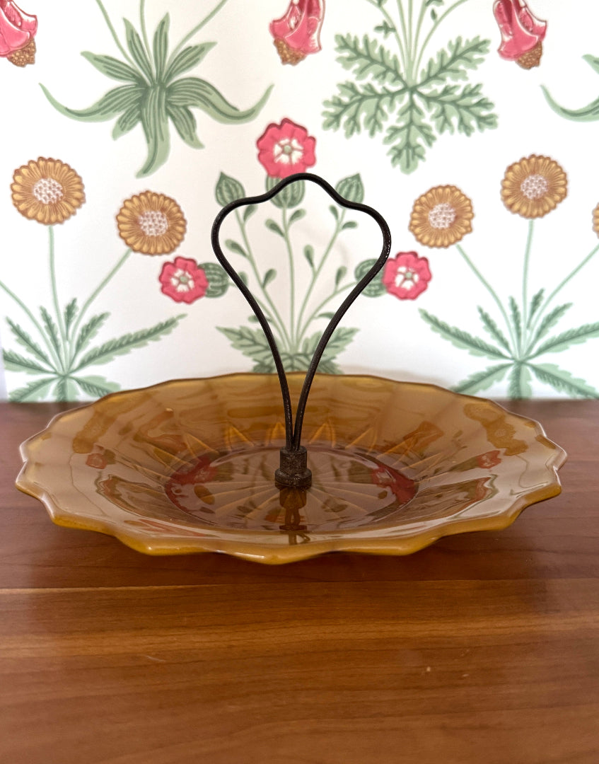 Pretty Rare Vintage French Amber Glass Cake Stand | Retro Mid-Century Kitchenalia