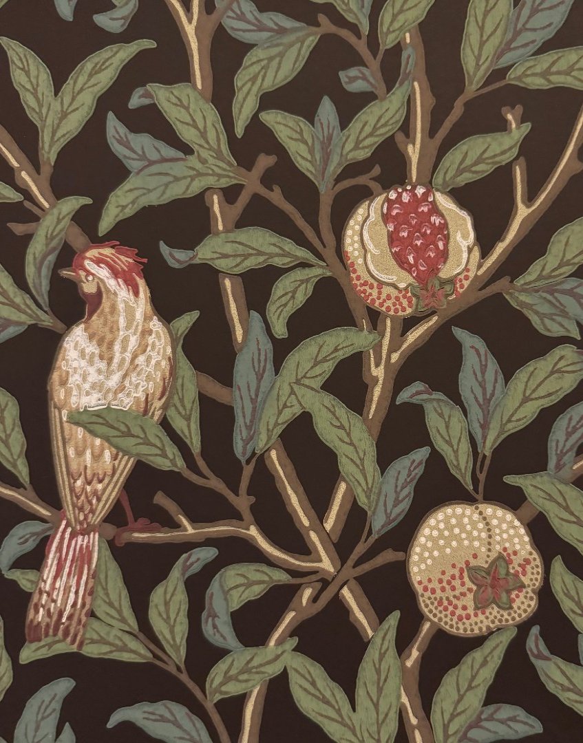 William Morris Framed Print Sourced from Morris & Co. Archive Wallpaper Sample Book - 'Bird & Pomegranate' (Charcoal/Sage)