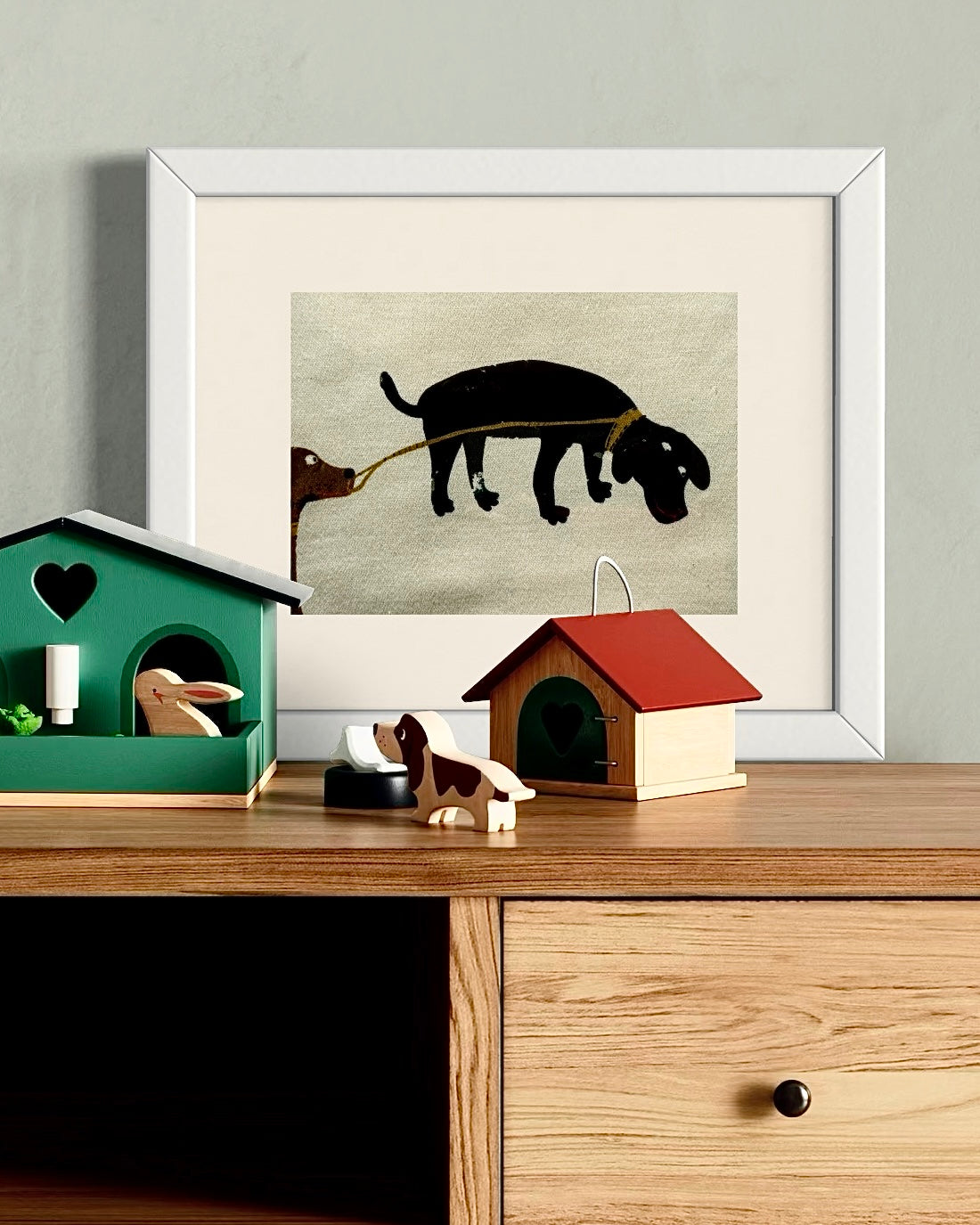 Framed children’s unique wall art from Villa Nova Picturebook fabric collection -  Walkies