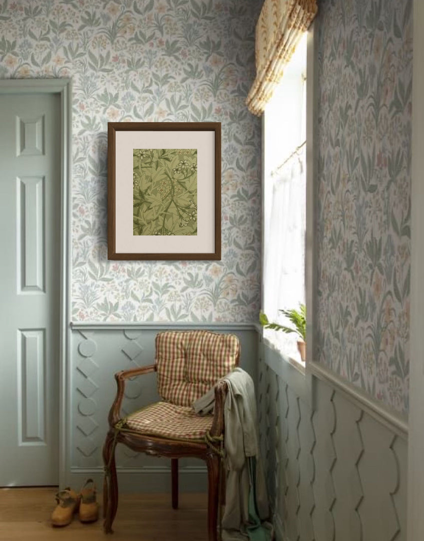 William Morris Wall Art  Framed Print Sourced from The Morris & Co. Archive Wallpaper Sample Book - 'Jasmine' (Sage/Leaf)