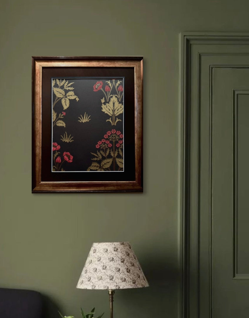 William Morris Framed Print – ‘Meadow Sweet’ Charcoal & Rose Design, Original Vintage Sample from the Dark Botanicals Wall Art Collection