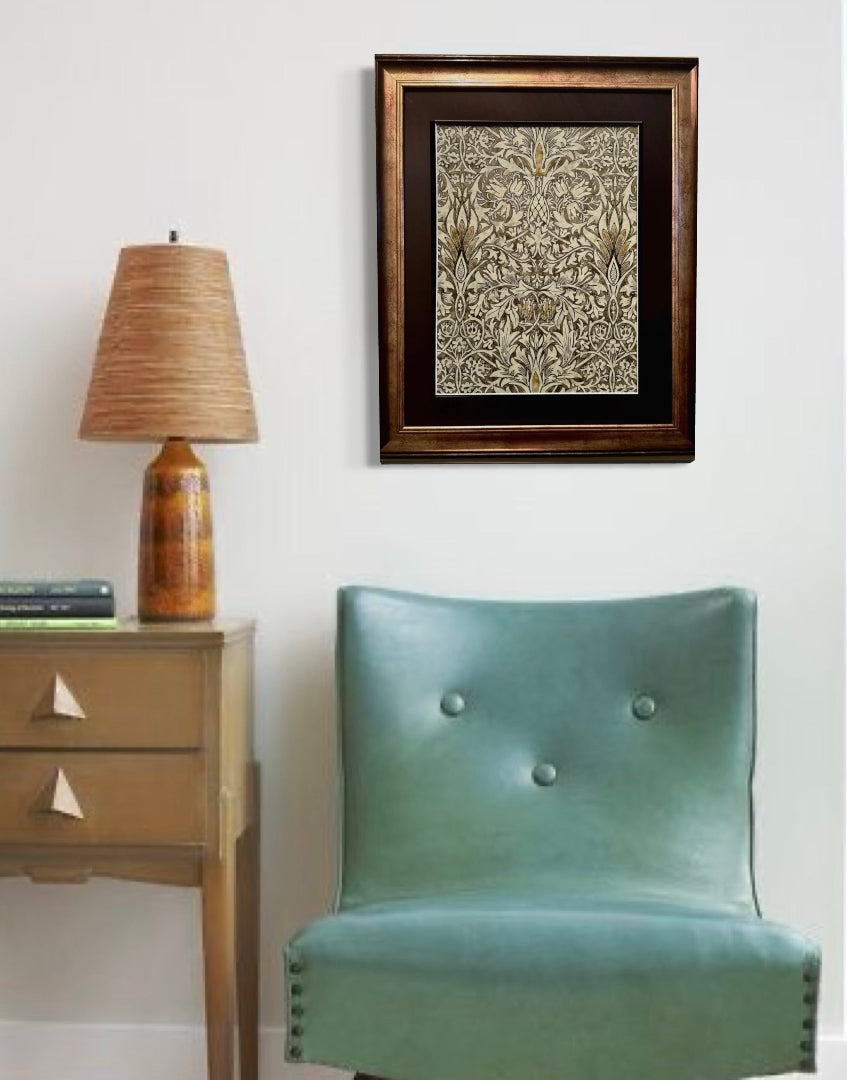 William Morris Framed Print - ‘Snakeshead’ Stone & Cream Design, Original Vintage Sample from the Dark Botanicals Wall Art Collection