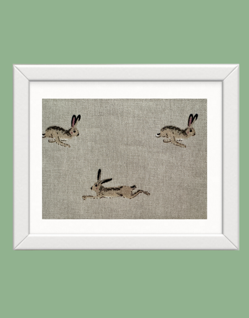 Framed children’s & countryside themed unique wall art from Sophie Allport fabric collection -  Hares