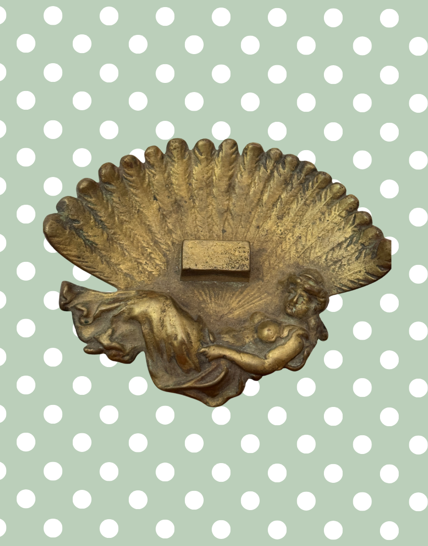 Collectable Antique Art Nouveau Brass Dish | Fan Shaped with Reclining Muse Trinket Tray or Decorative Ashtray