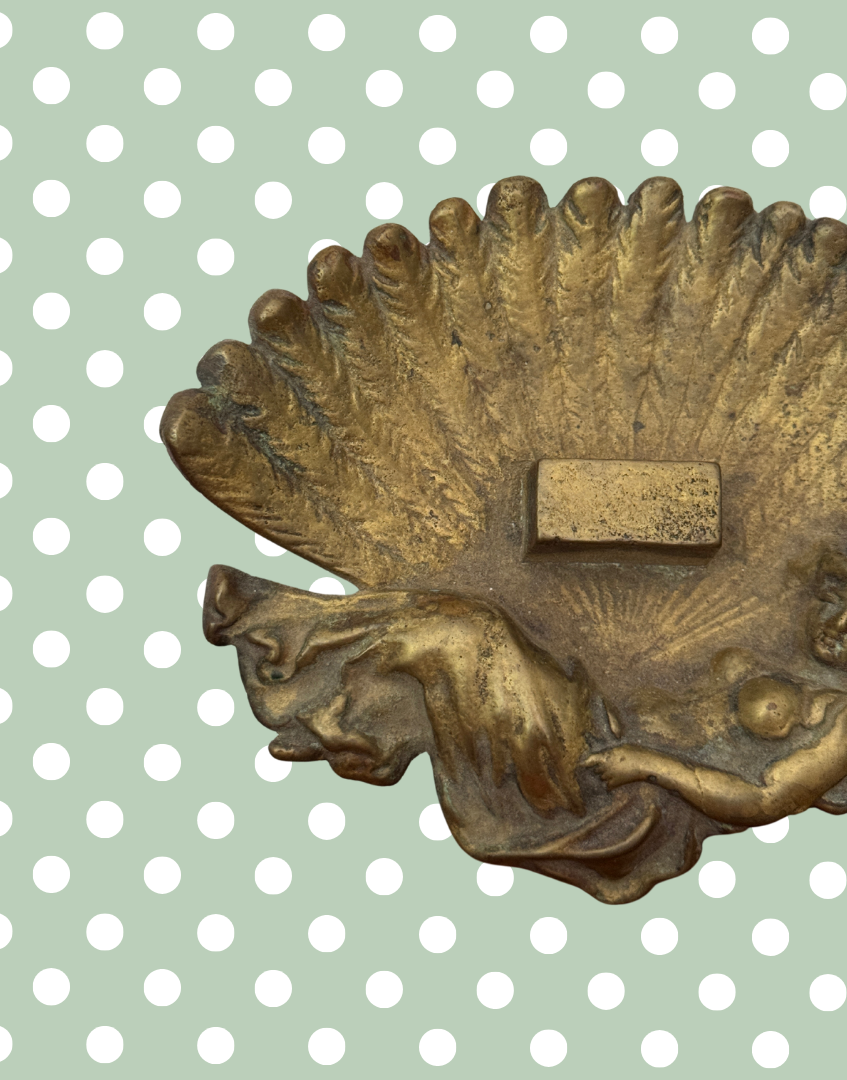 Collectable Antique Art Nouveau Brass Dish | Fan Shaped with Reclining Muse Trinket Tray or Decorative Ashtray