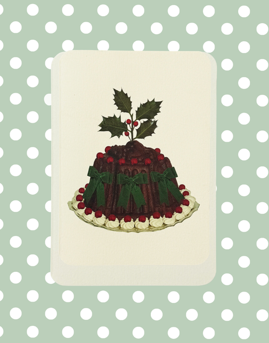 Christmas Plum Pudding Green Velvet Bows Greeting Card  | Alexandra Simms for Canonbury Press 