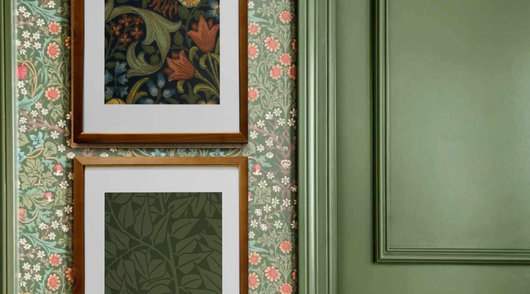 Two William Morris framed artworks on a wall with floral wallpaper