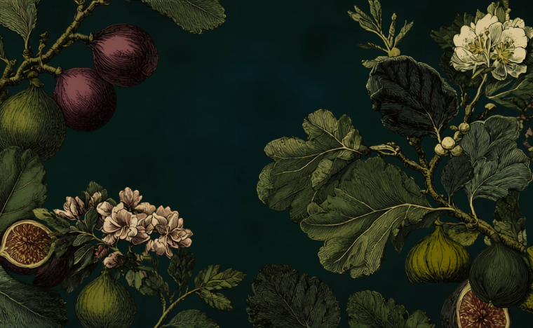 Botanical illustration featuring figs, leaves, and white blossoms arranged around a dark teal background reflecting the eclectic aesthetic of Love Nicki x