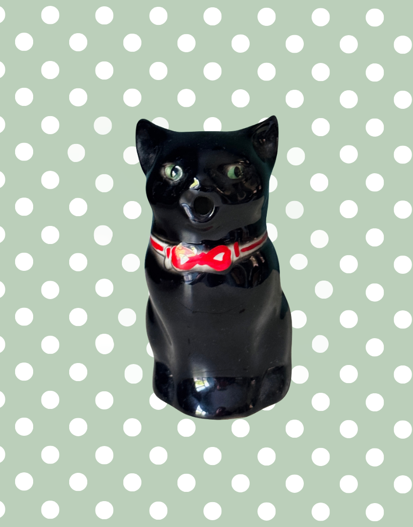 Charming Vintage Staffordshire Pottery Black Cat with Red Bow Tie Milk Jug Creamer