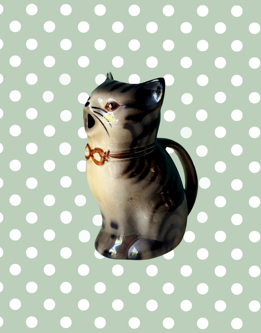 Characterful Tony Wood Staffordshire Pottery Grey Tabby Cat Milk Jug Creamer