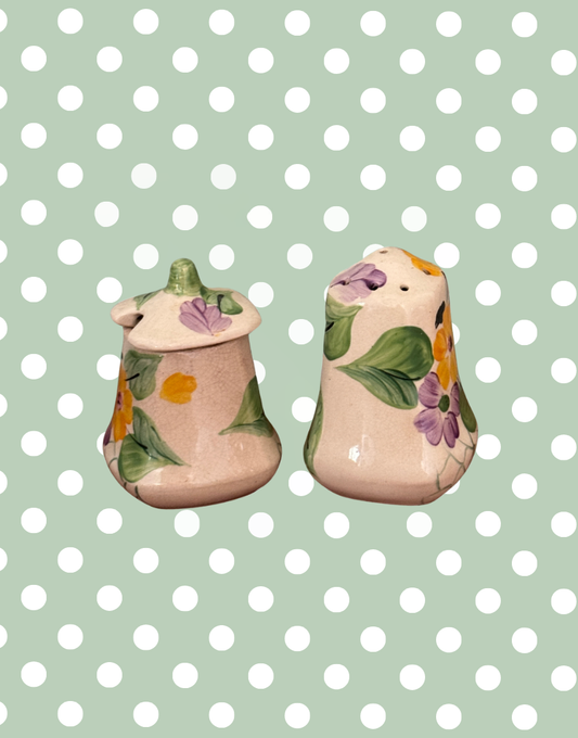 Vintage Hand-Painted Pretty Floral Ceramic Pepper Shaker & Mustard Pot Set
