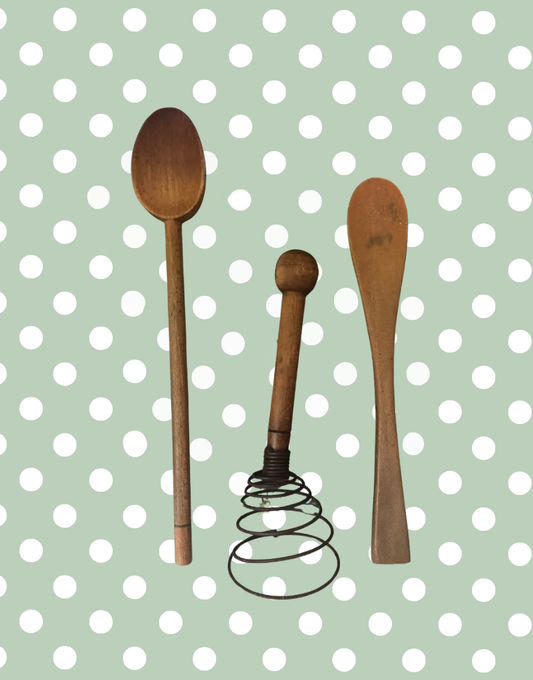 Antique Wooden Kitchen Utensils Trio of Coil Whisk, Cooking Spoon and Spatula