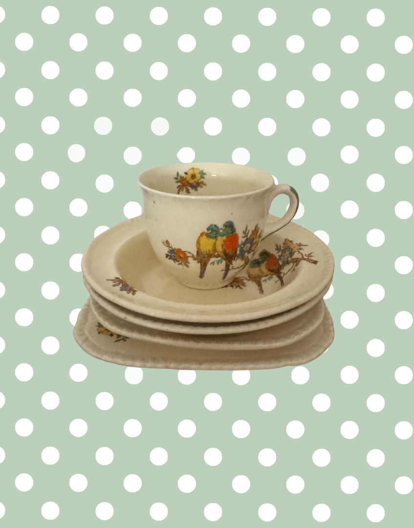 Early Art Deco Staffordshire Knot Parrot & Floral 5-Piece 1930s Tea Trio with Bowls