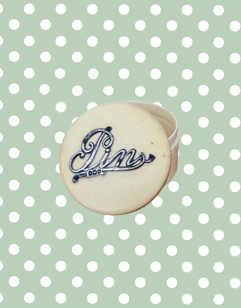 Edwardian sewing pin container  lid and ivory tone celluloid pot