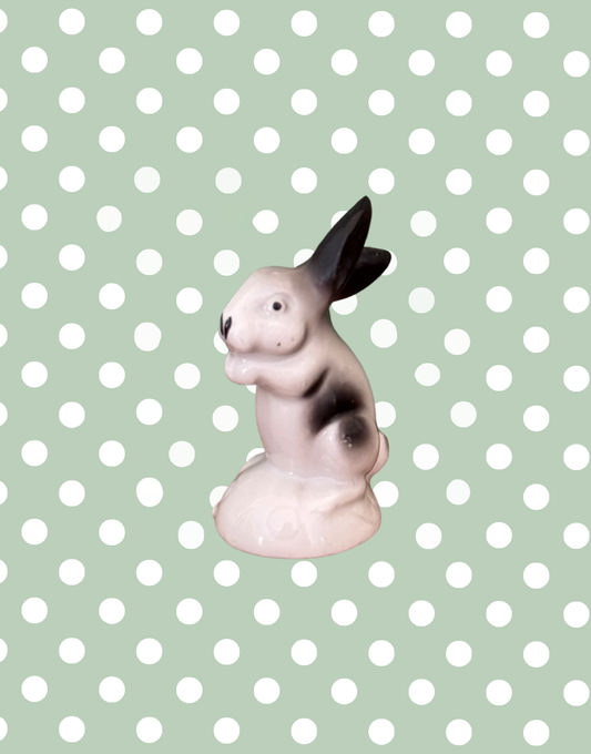 Rare 4cm Miniature Vintage Black & White Hand-Painted Ceramic Rabbit Pin Cushion Decoration Figurine
