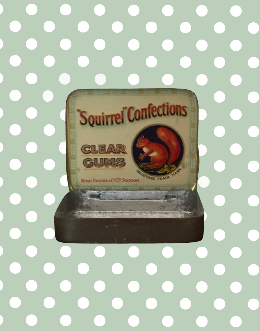 Characterful Vintage Squirrel Confections Clear Gums Tin 