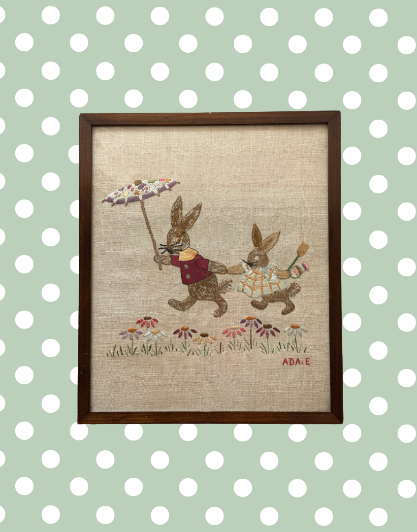 Charming Antique 19th Century Silk Embroidery of Rabbits Signed Ada E 