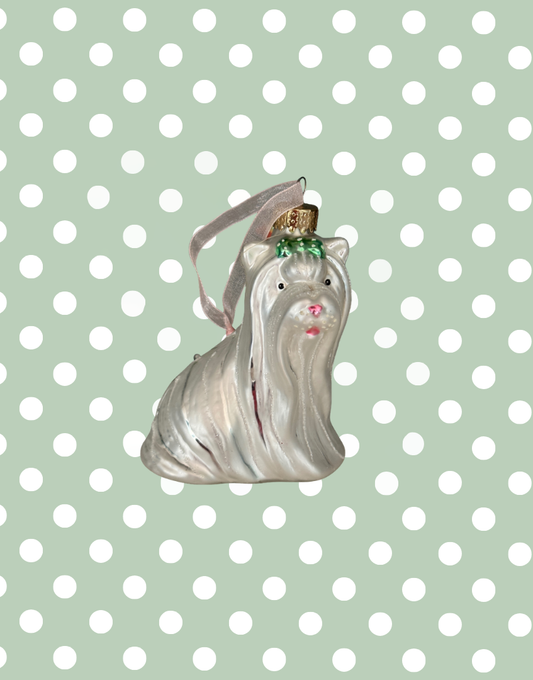Vintage White & Silver Yorkshire Terrier Christmas Bauble Decoration with Cute Pink Nose & Green Bow