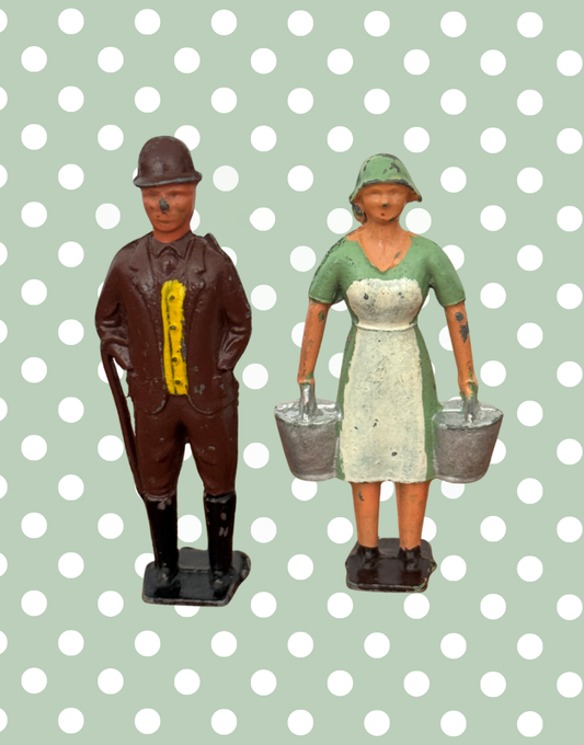 two vintage lead metal britains figurines including milk maid and country gent 1920s