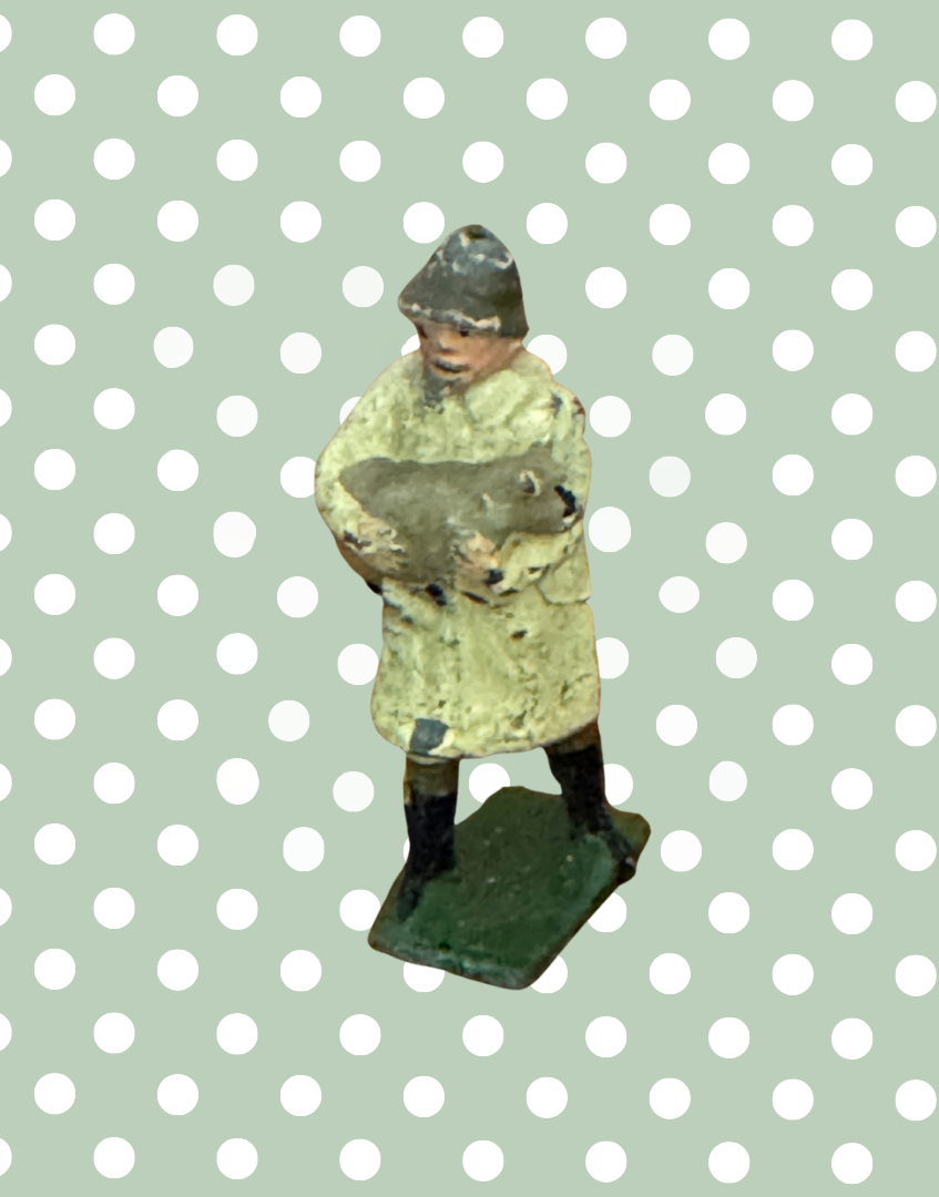 Vintage British Farmer Carrying Light Grey Sheep in Beige Raincoat 1920s Britains Lead Farmyard Toy