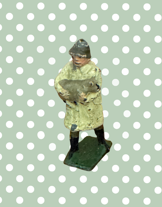 Vintage British Farmer Carrying Light Grey Sheep in Beige Raincoat 1920s Britains Lead Farmyard Toy