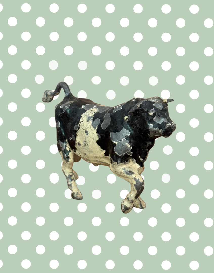 Vintage Jaunty Large Black and White Bull 1920s John Hill & Co Lead Farm Animal Collectible