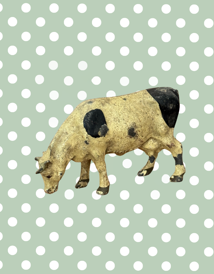 Vintage Cream and Black Large Grazing Cow 1920s John Hill & Co Lead Farm Toy Collectible