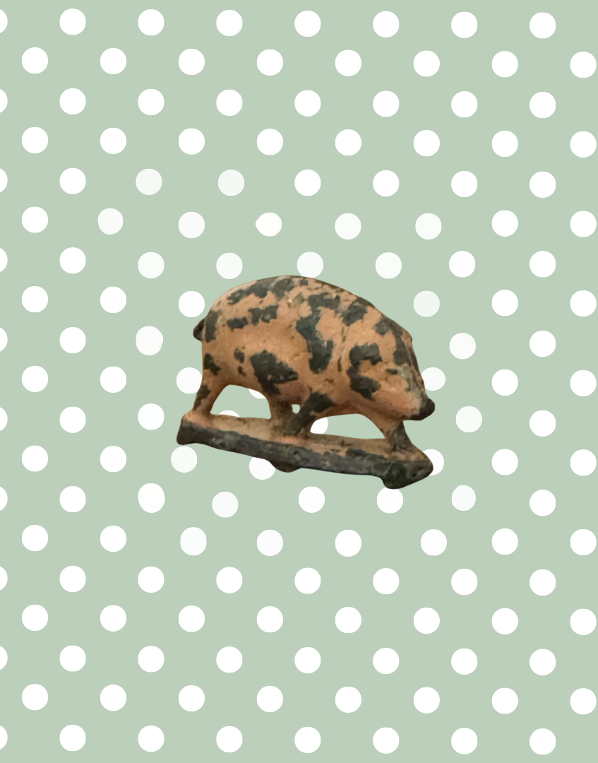Sweet Miniature Pink Patina Patched Lead Pig Figure on Stand 