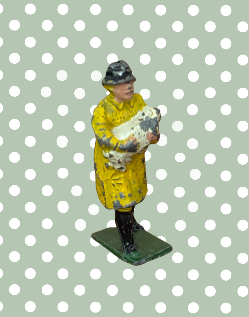 British Farmer Carrying Cream Sheep in Yellow Raincoat 1920s Rare Britains Hand-Painted Lead Toy