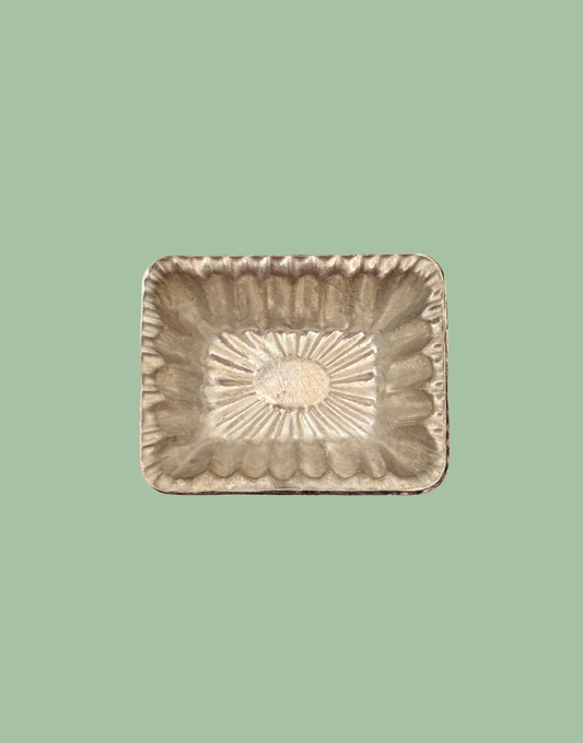 One out of a set of 10 identical vintage rectangular aluminium chocolate moulds with fluted sunburst design and original confectionery details