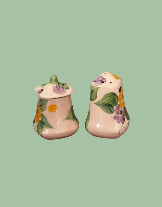 Vintage Hand-Painted Pretty Floral Ceramic Pepper Shaker & Mustard Pot Set