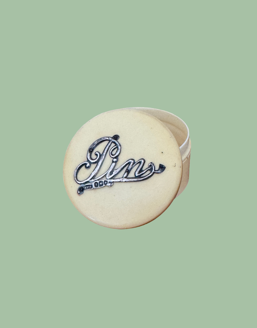 Edwardian sewing pin container  lid and ivory tone celluloid pot