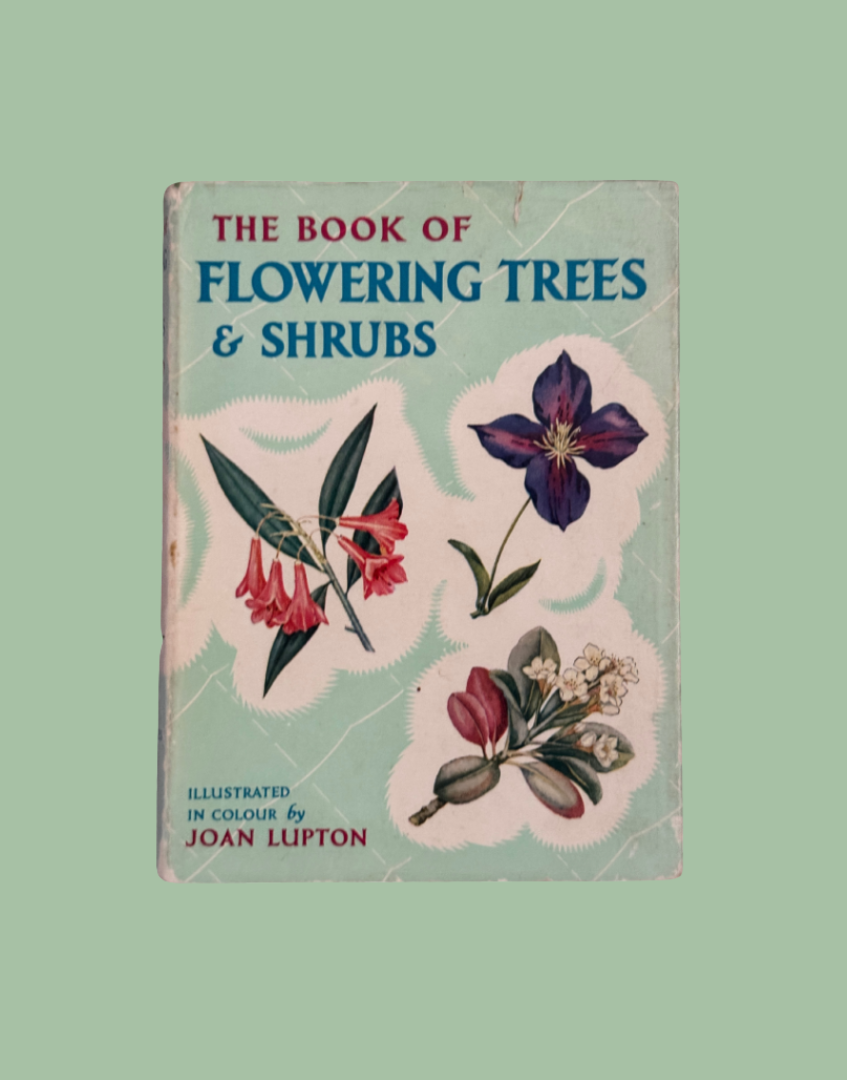 Vintage book titled 'The Book of Flowering Trees & Shrubs' by Joan Lipton, featuring botanical illustrations on a light blue cover 