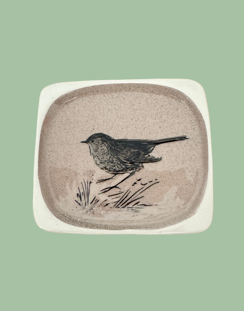 A square ceramic trinket dish with rounded corners, featuring a hand-painted bird illustration in black and gray on a textured beige background from Stuart Bass pottery.