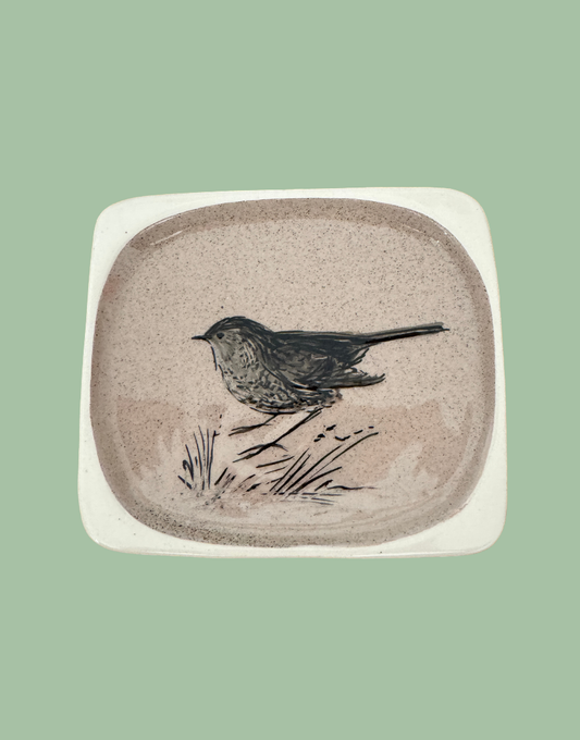 A square ceramic trinket dish with rounded corners, featuring a hand-painted bird illustration in black and gray on a textured beige background from Stuart Bass pottery.