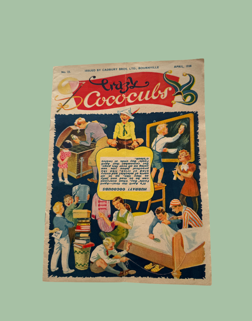 Vintage April 1958 issue of English Cocobugs magazine, featuring a colorful illustrated cover with children and a yellow title banner.