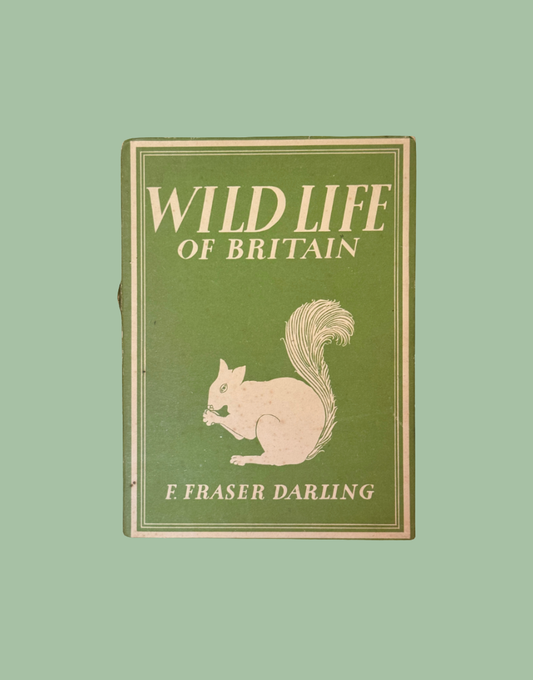 Vintage book cover of 'Wild Life of Britain' by F. Fraser Darling, featuring a sage green background with a cream-colored border and a detailed squirrel illustration.