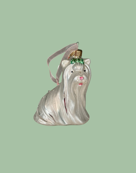 Vintage White & Silver Yorkshire Terrier Christmas Bauble Decoration with Cute Pink Nose & Green Bow