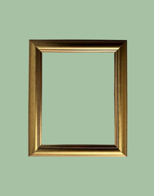 A square gold picture frame with a classic beveled inner border, shown against a solid sage green background.