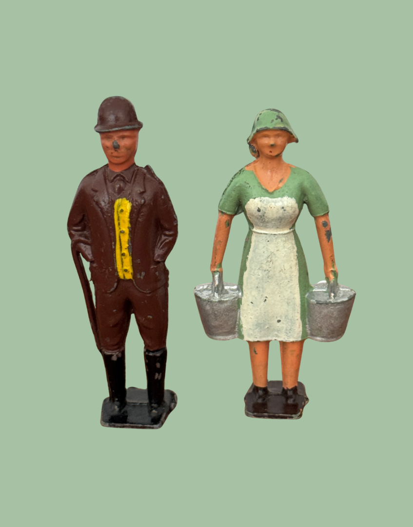 two vintage lead metal britains figurines including milk maid and country gent 1920s