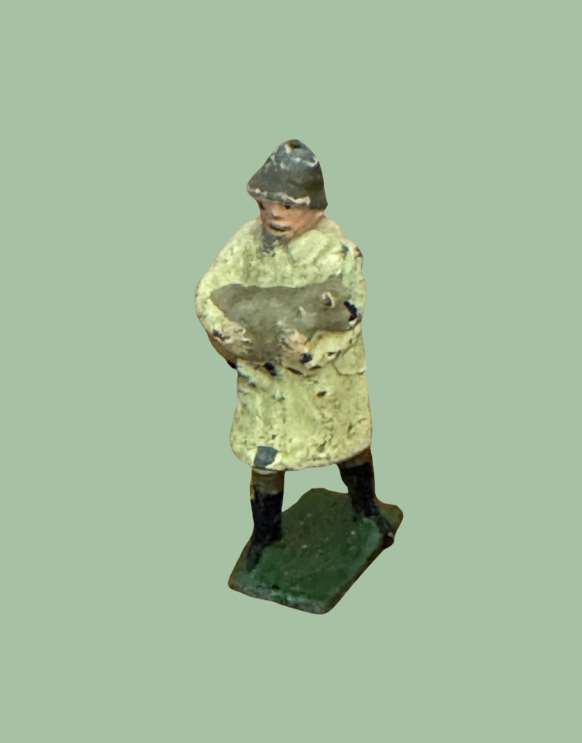 Vintage British Farmer Carrying Light Grey Sheep in Beige Raincoat 1920s Britains Lead Farmyard Toy