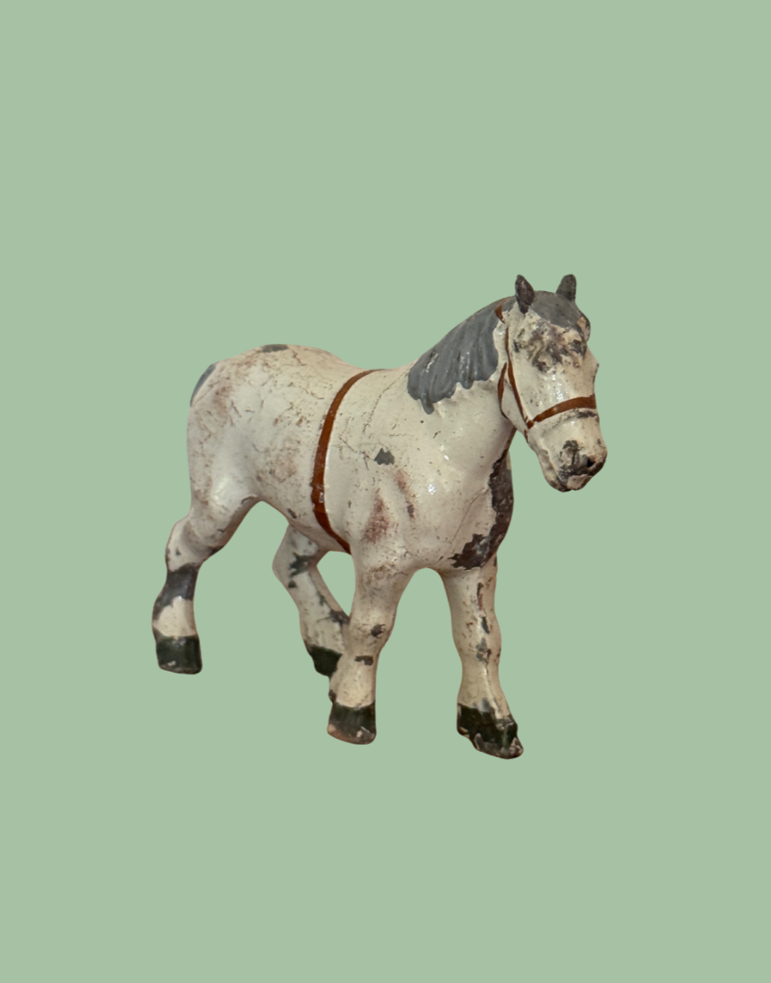 White Shire Cart Horse with Red Dress Detail Figurine Vintage 1920s John Hill & Co Lead Farm Toy Collectible