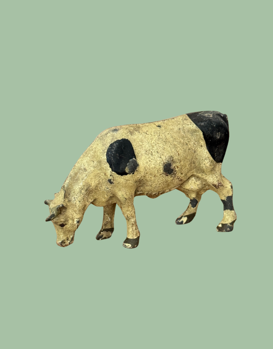 Vintage Cream and Black Large Grazing Cow 1920s John Hill & Co Lead Farm Toy Collectible