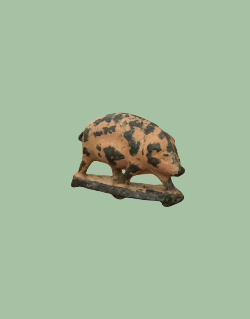 Sweet Miniature Pink Patina Patched Lead Pig Figure on Stand 